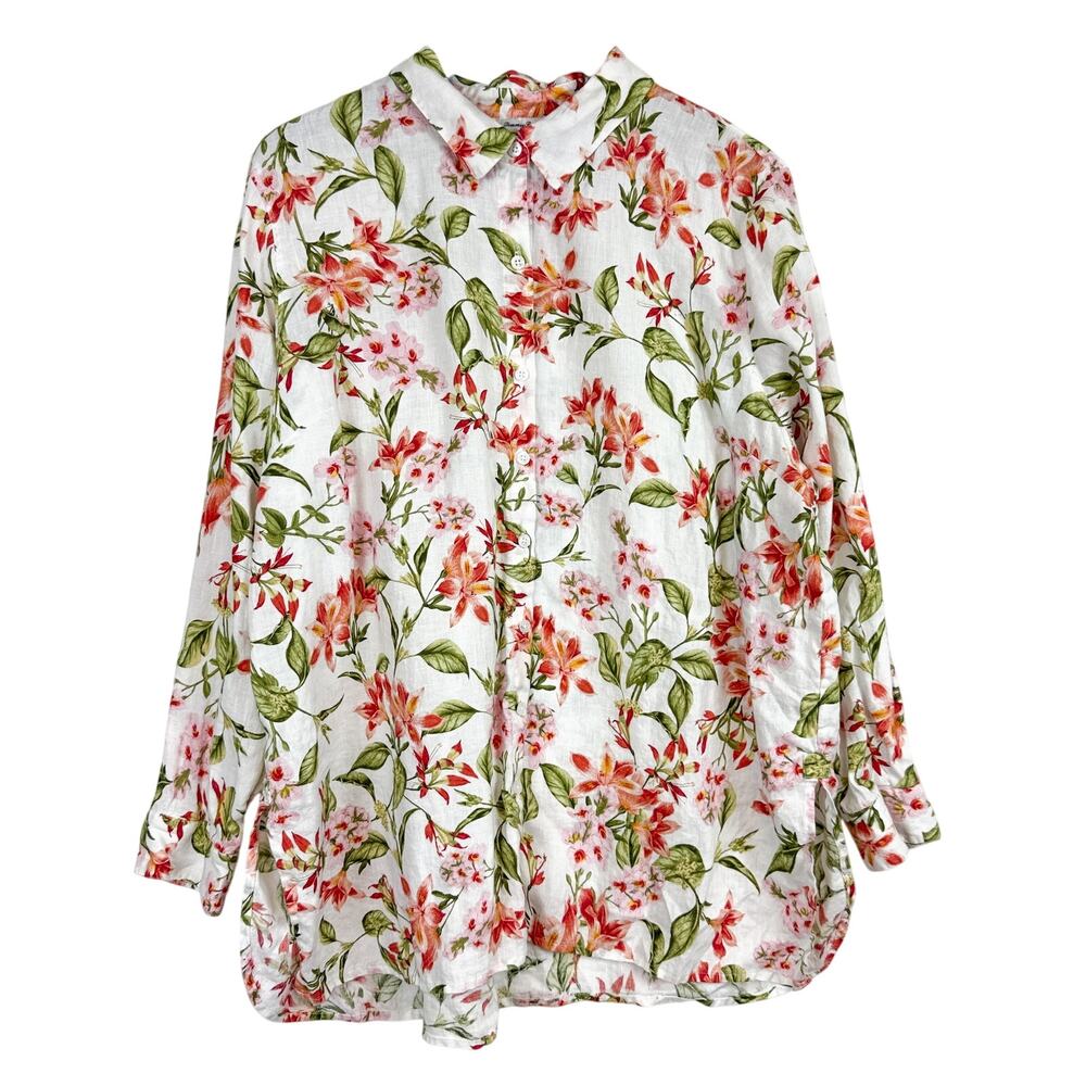 Tommy Bahama Womens Petal of Honor Floral Linen Button Up Shirt White Pink - XL